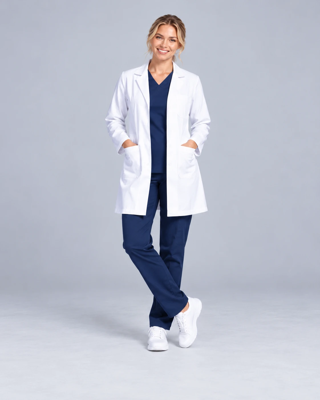 a female medical professional wearing navy scrubs and a white lab coat