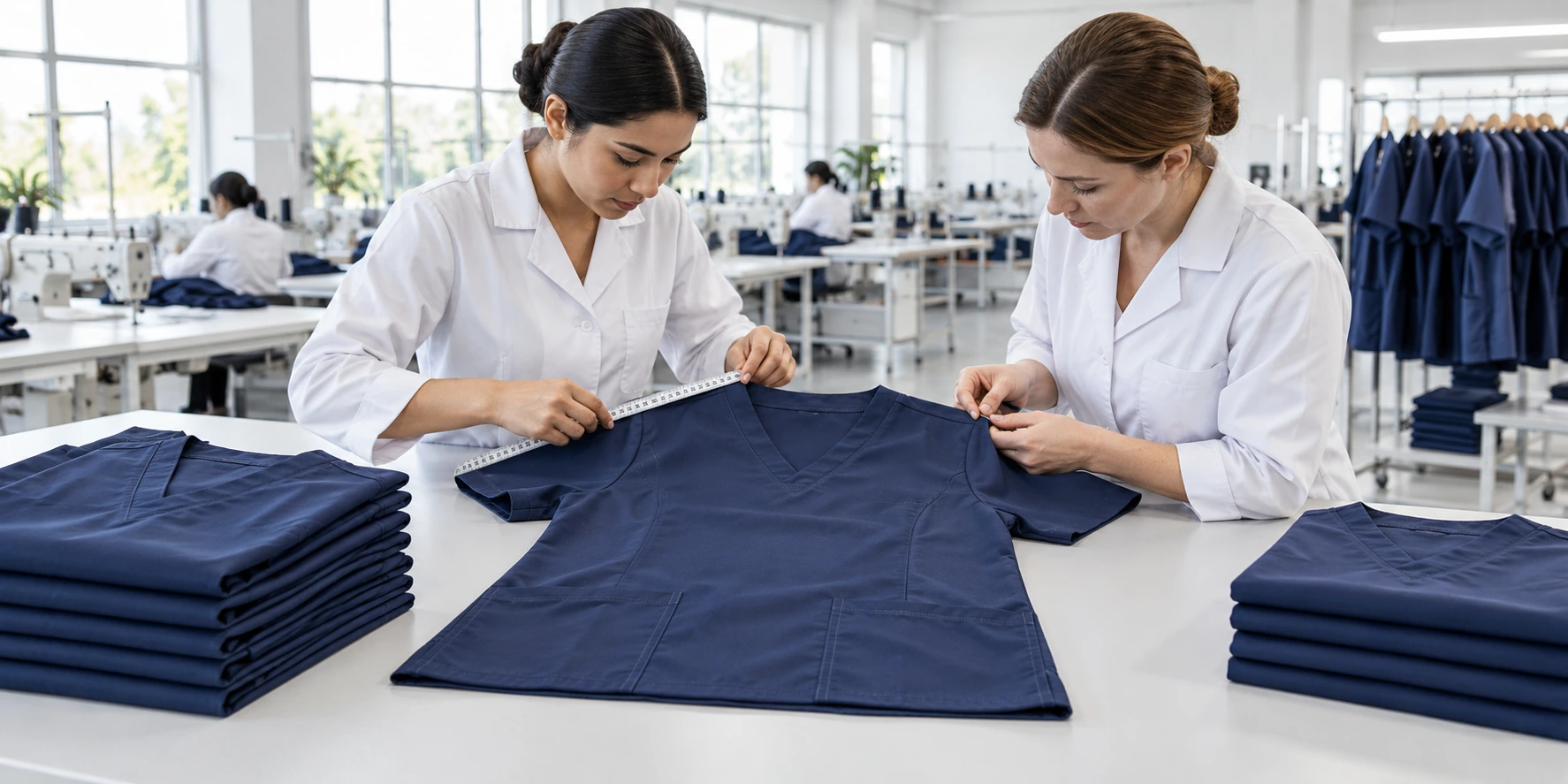 Uniform quality-control team inspecting stitching and sizing