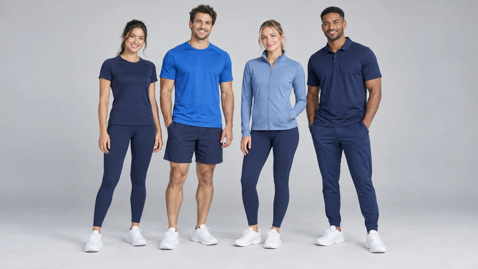 Illustrative fitness clothing group on a plain grey studio background