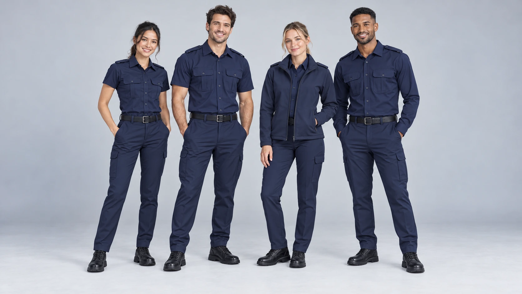 Illustrative guard uniform group on a plain grey background