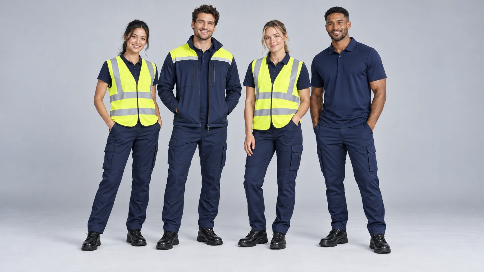 Illustrative logistics workwear group on a plain grey background