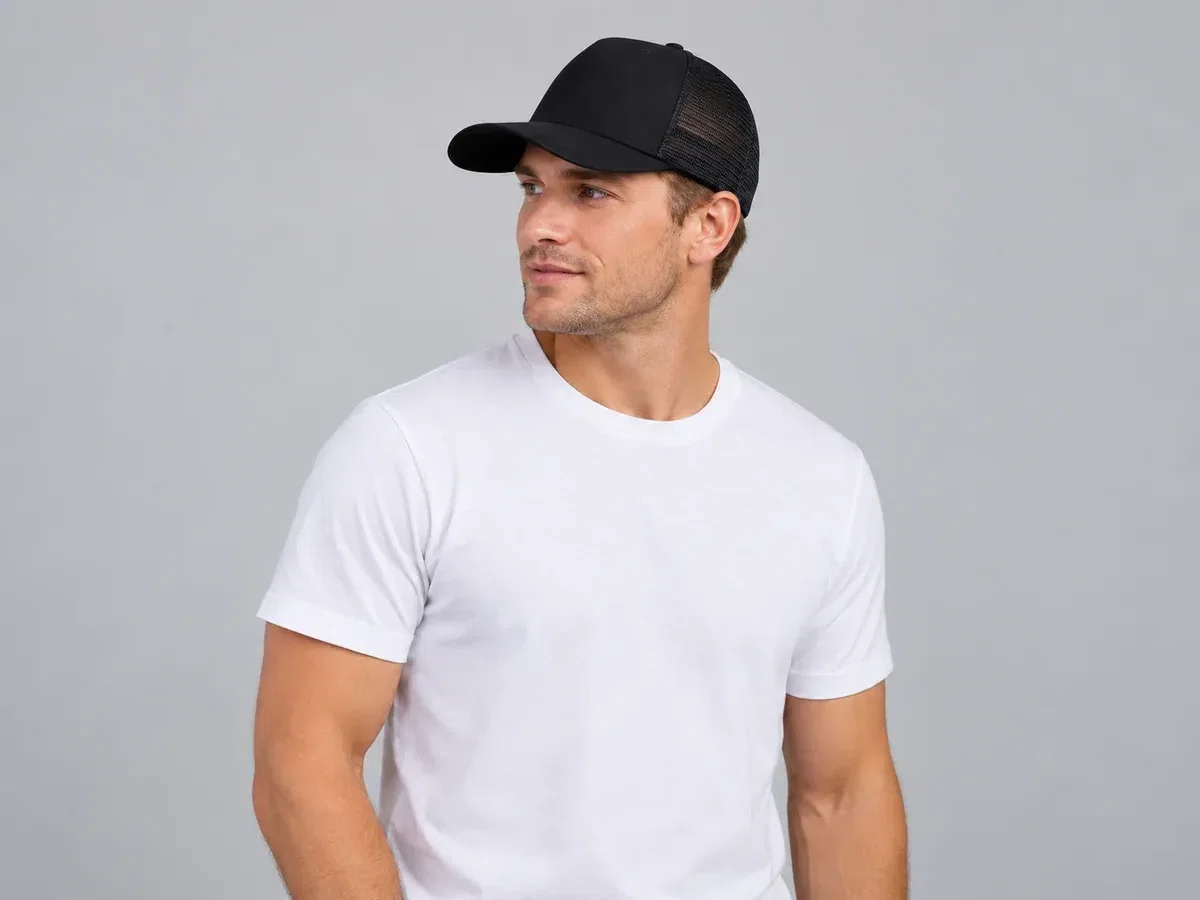 Person wearing custom Mesh Trucker Hats.