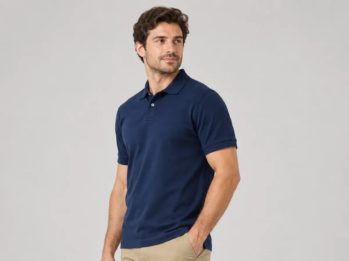Person wearing custom Embroidered Polo Shirts.