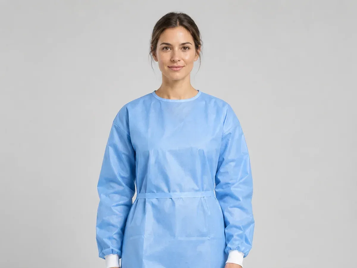 Front view of a person wearing a blue gown