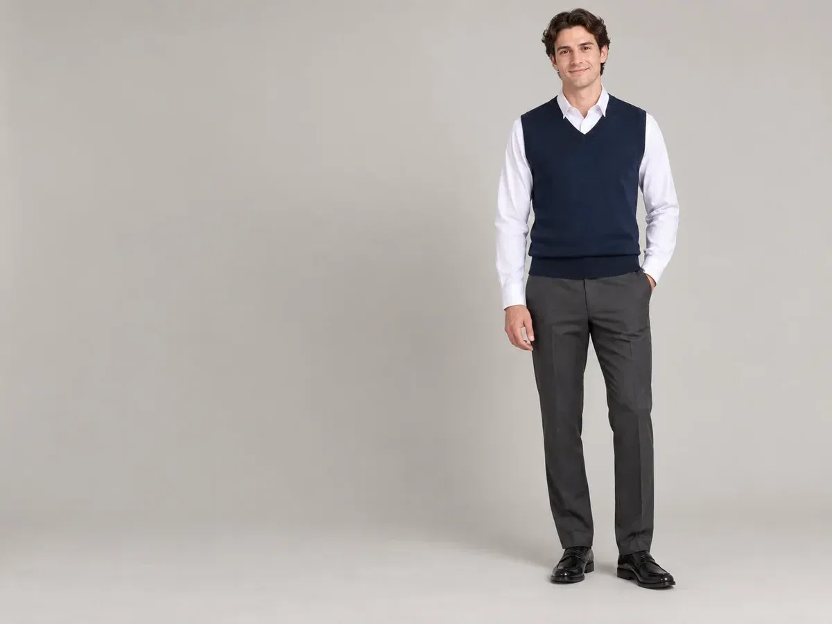Person wearing custom V-Neck Sweater Vest.