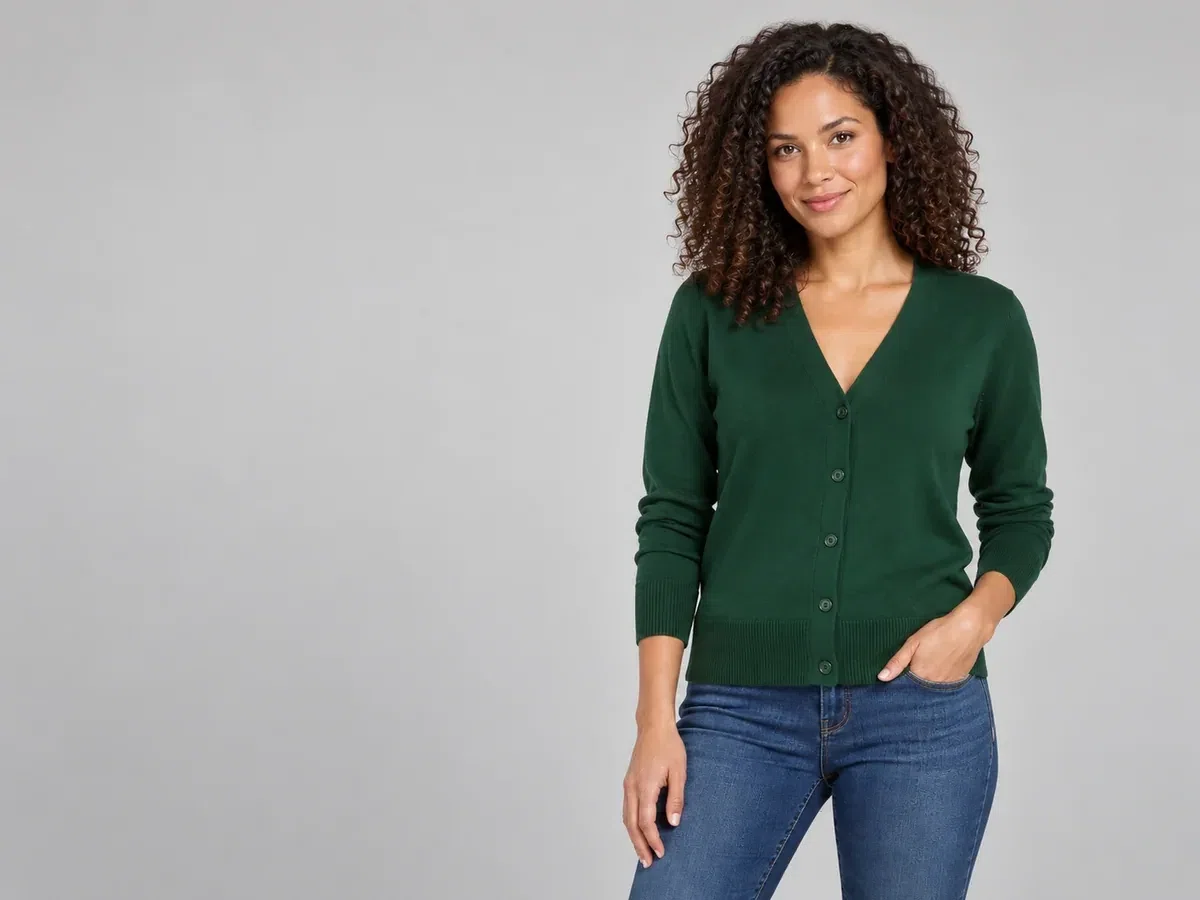 Person wearing custom Cardigan Sweaters.
