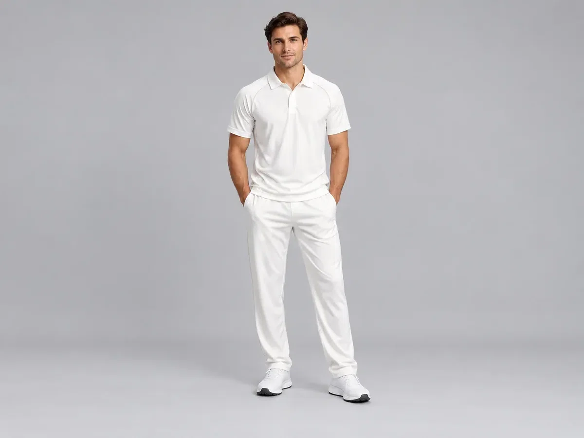 Person wearing custom Cricket Uniforms.