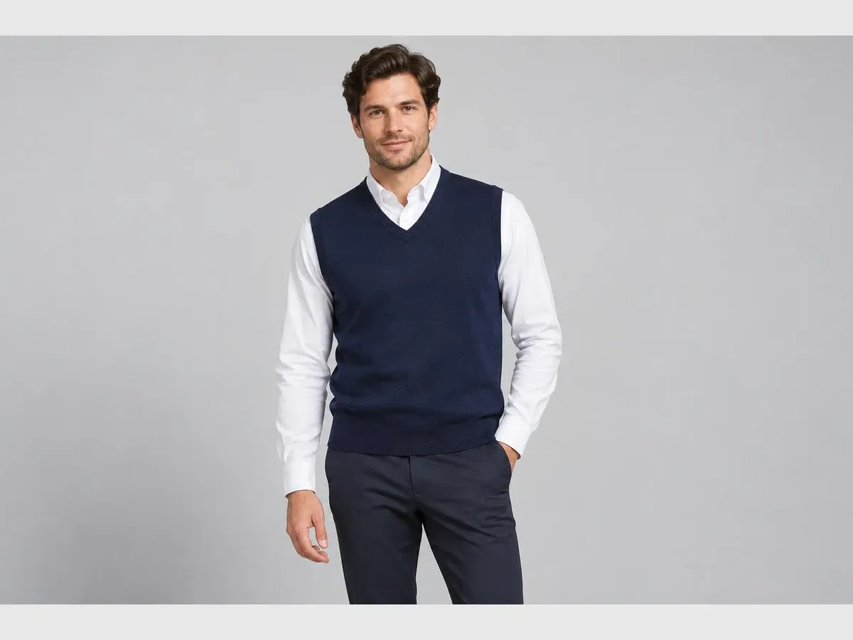 Person wearing custom V-Neck Sweater Vest.