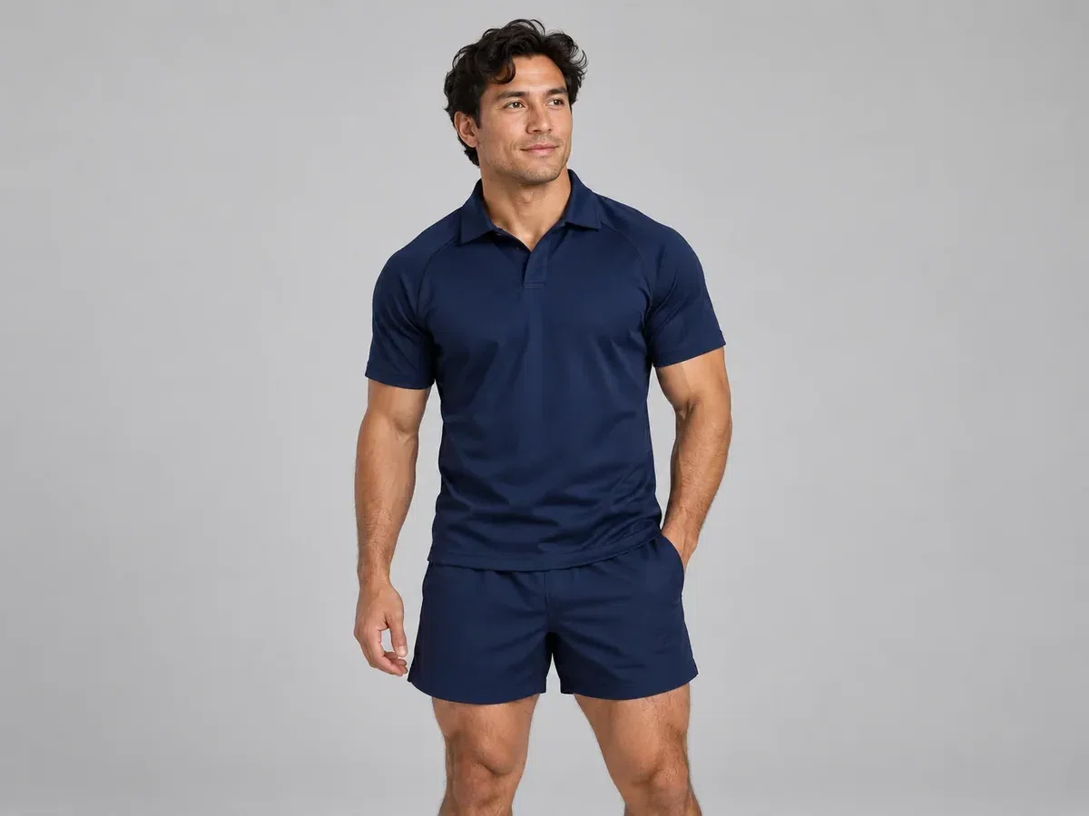 Player wearing a navy rugby jersey and matching shorts