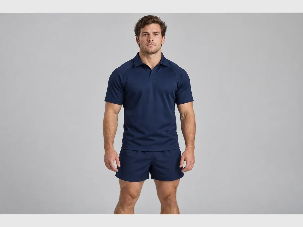 Player wearing a navy rugby jersey and matching shorts