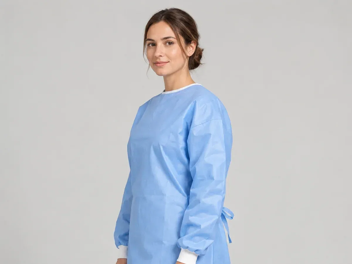 Side view of a person wearing a blue gown