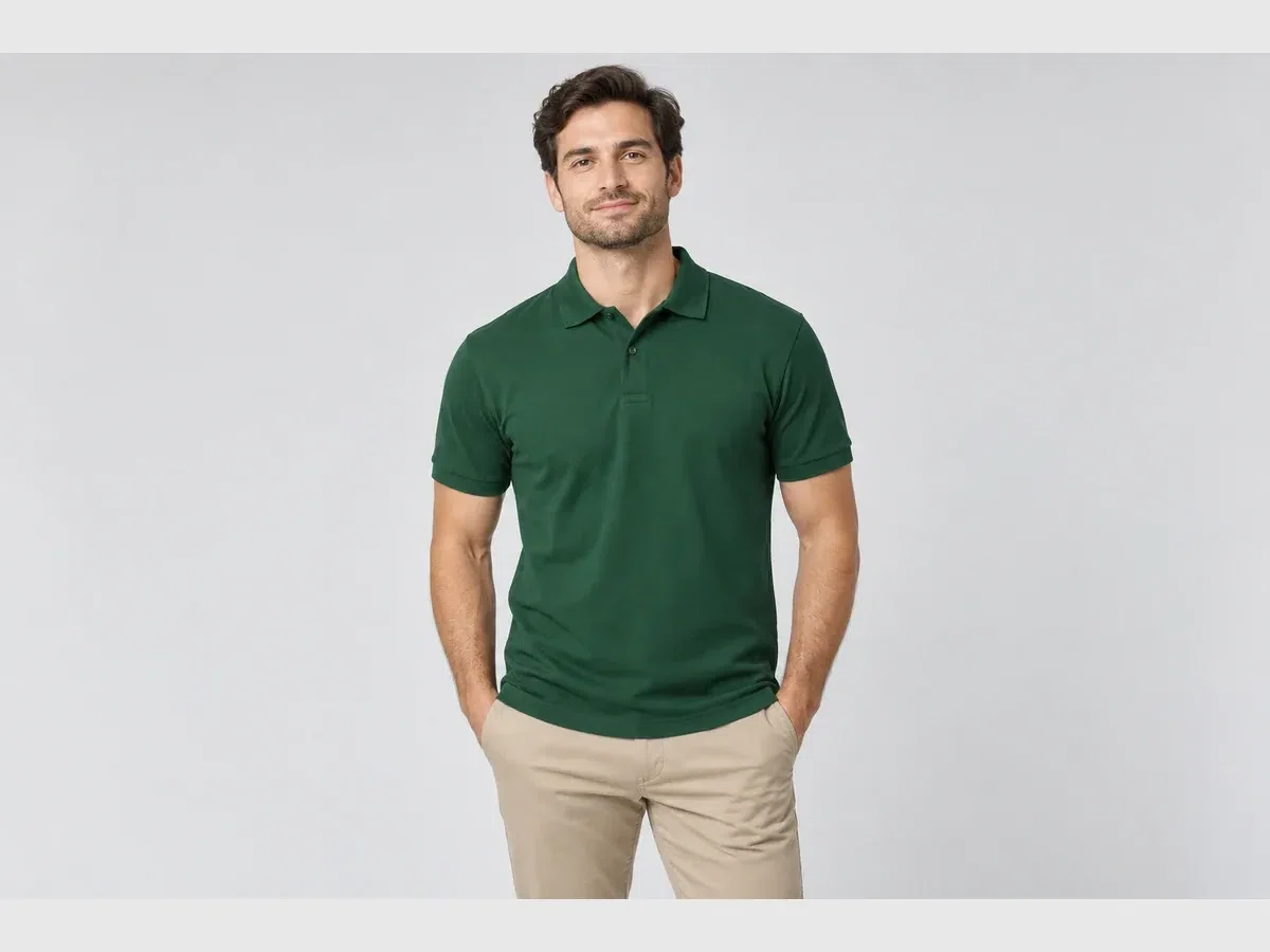 Person wearing custom Polo Shirts.