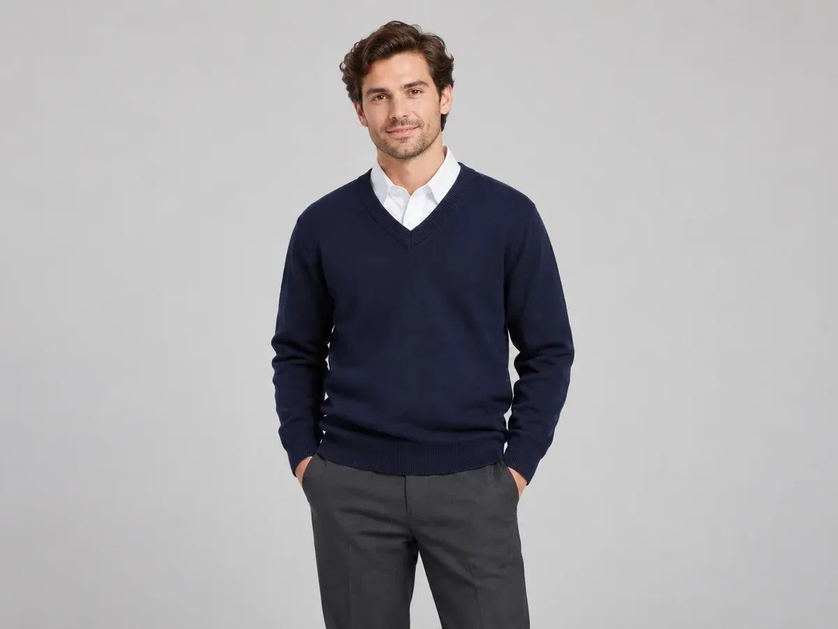 Person wearing custom V-Neck Sweaters with Full Sleeves.