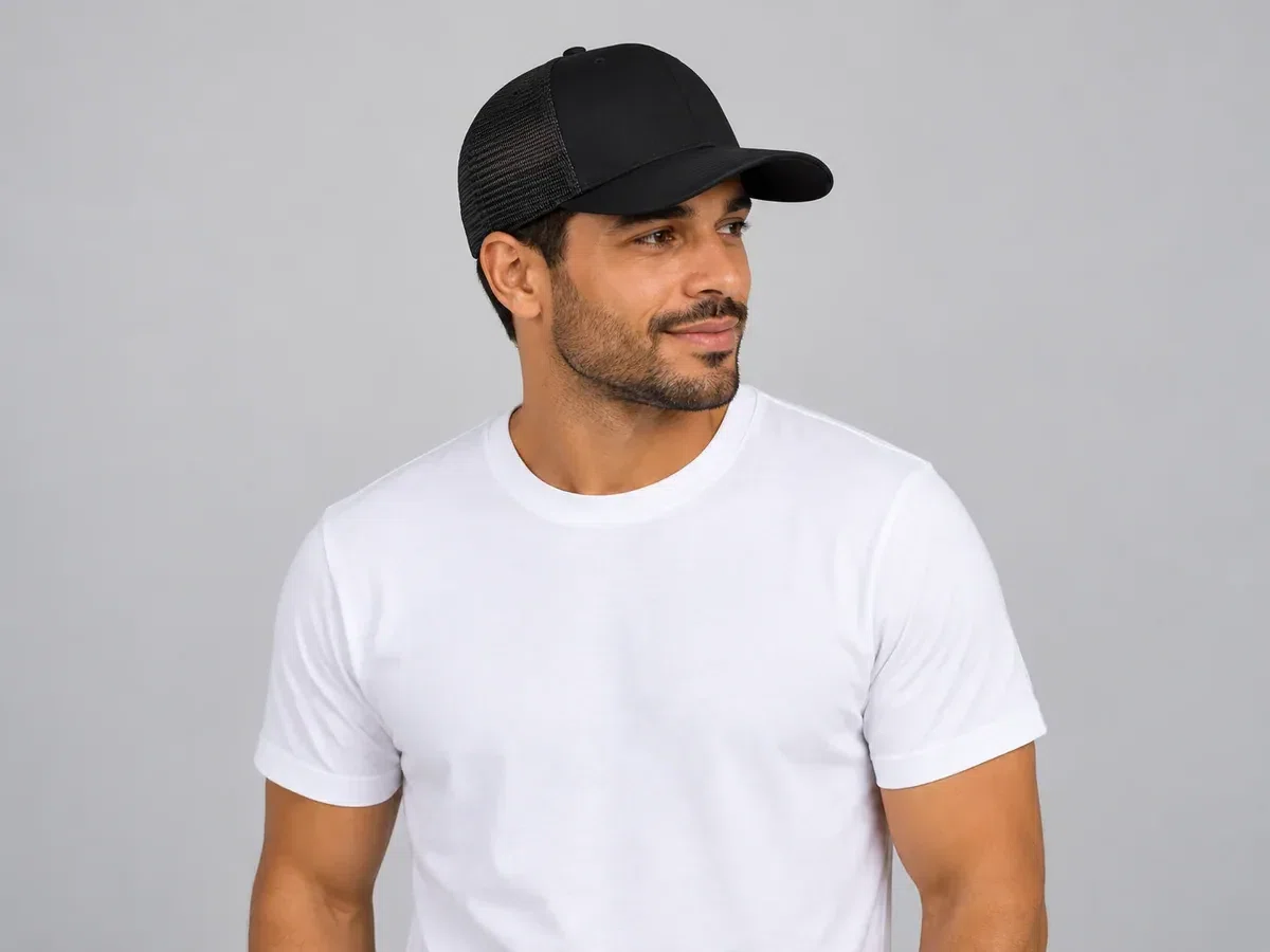 Person wearing custom Mesh Trucker Hats.