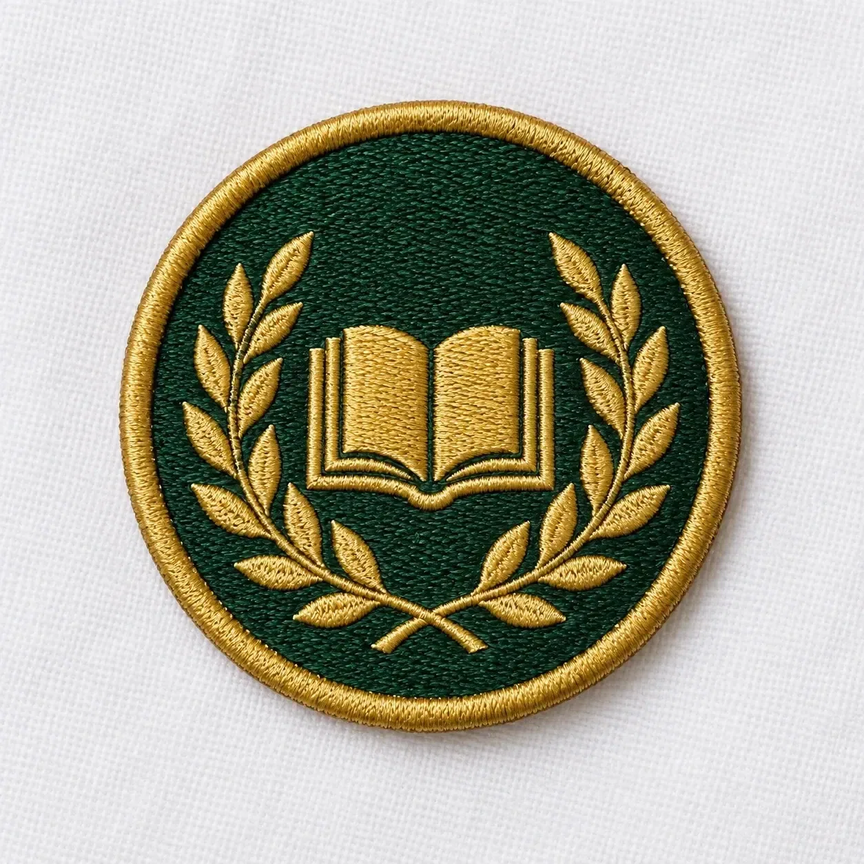 Round green embroidered crest with gold book and leaf details