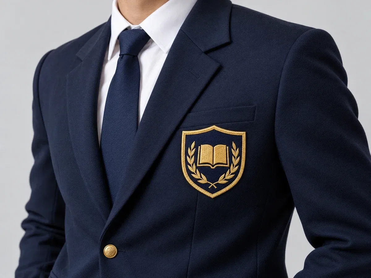 Navy and gold embroidered school badge on a wearer's navy blazer