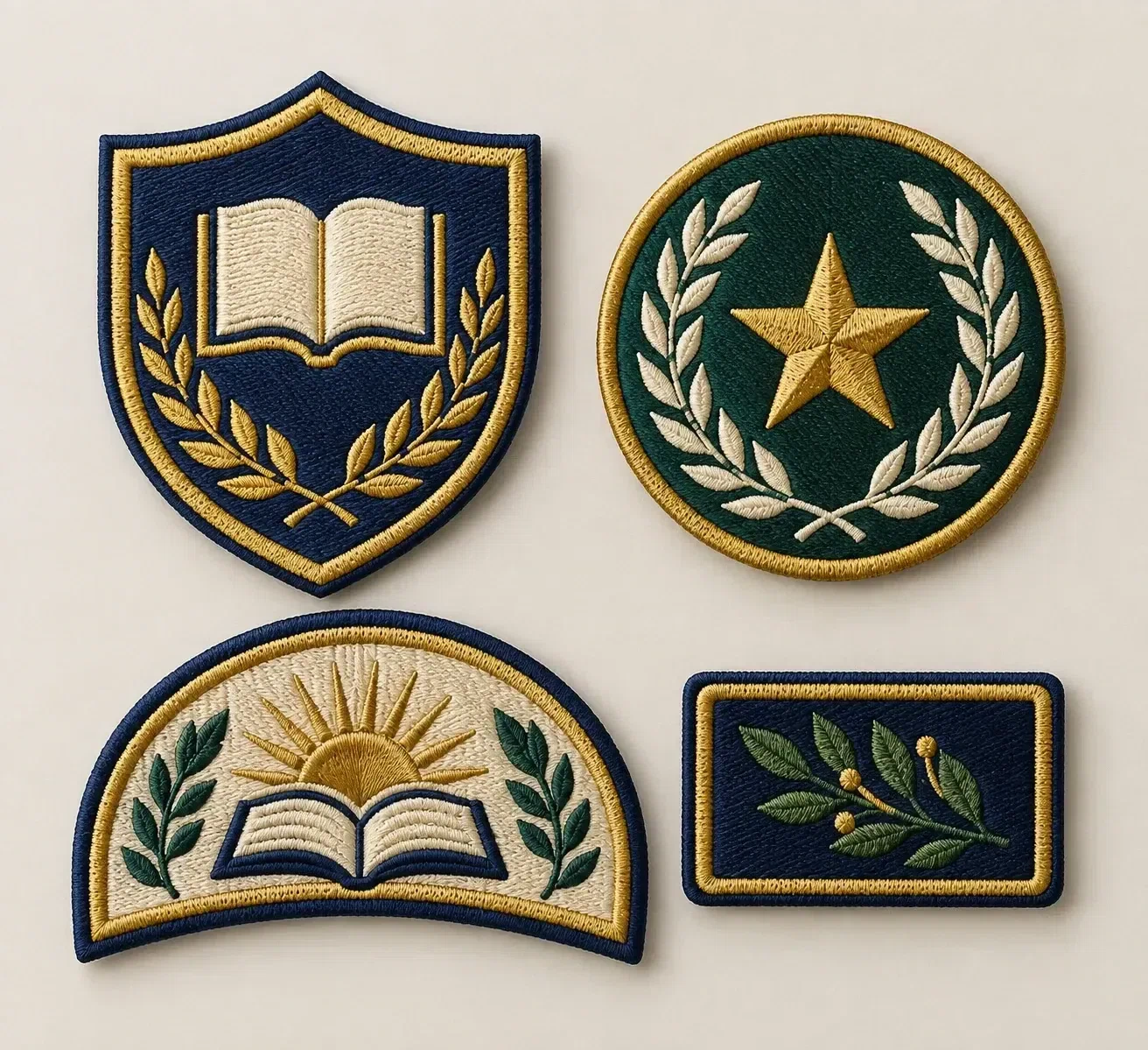 Four embroidered emblem patches with shield round and rectangular outlines