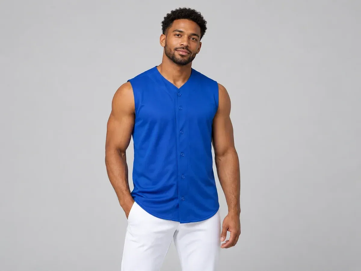 Person wearing custom Sleeveless Baseball Jersey.