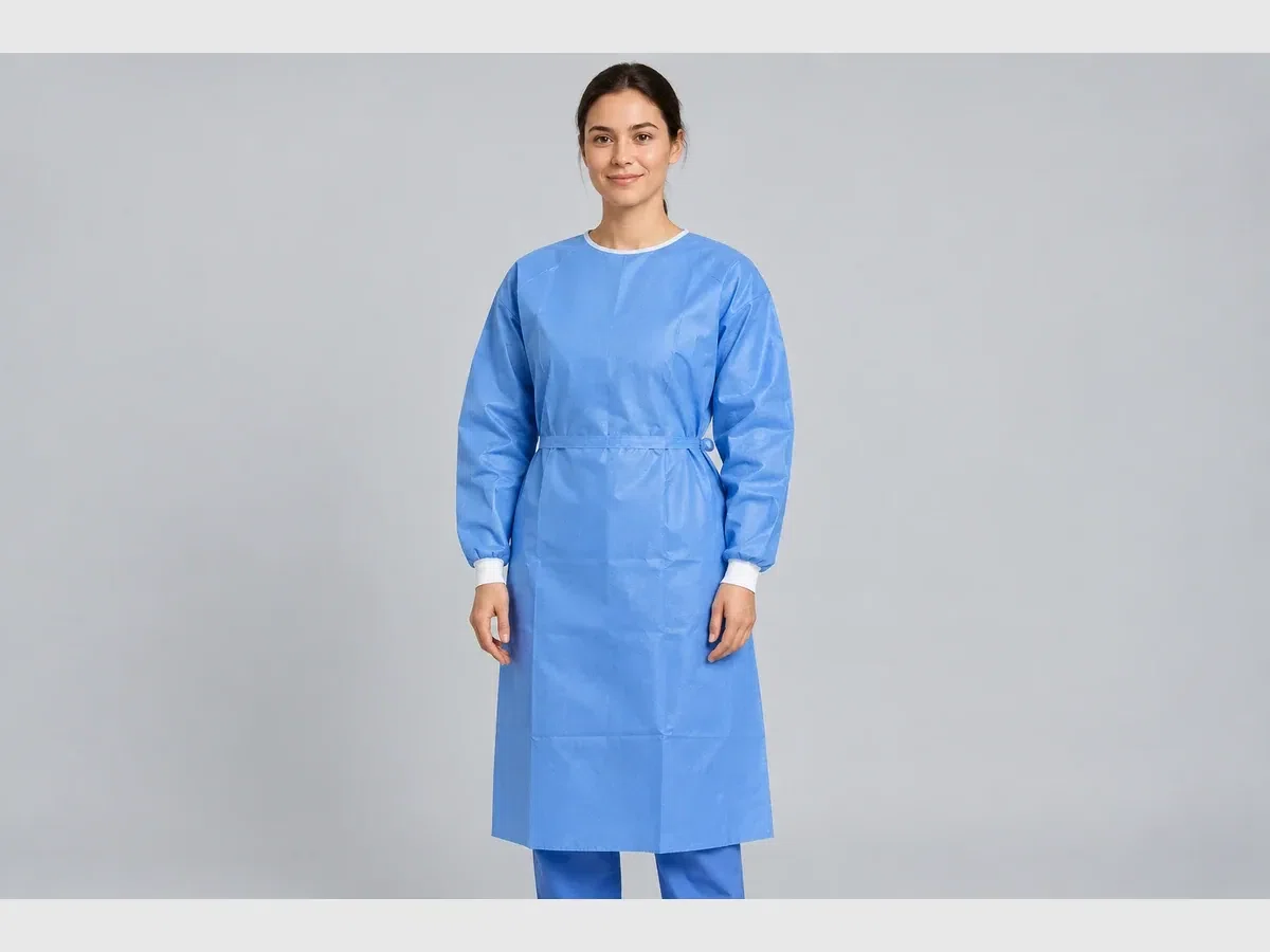 Person wearing a blue gown against a plain grey background