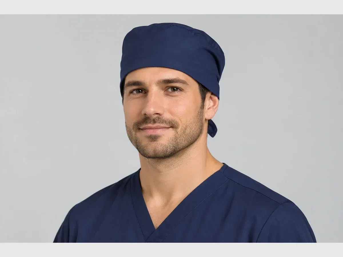Person wearing custom Surgical Caps.