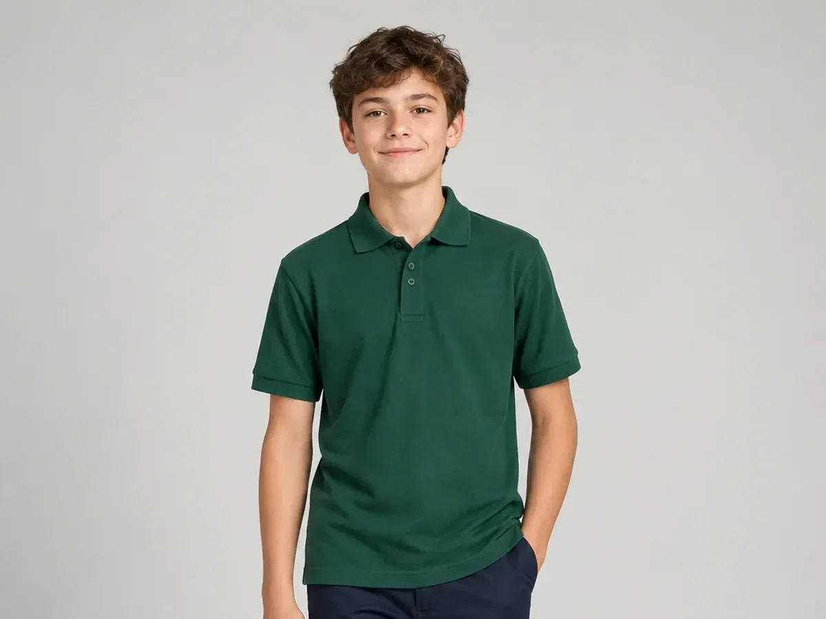 Person wearing school Polo Shirts.