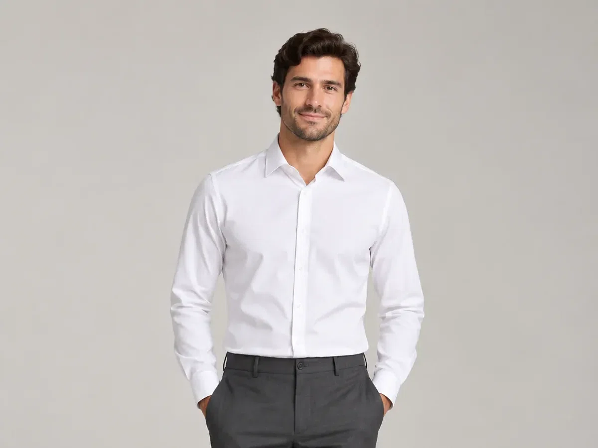 Person wearing button Down Shirt.