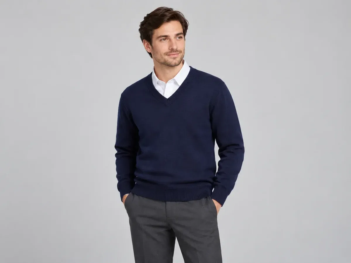 Person wearing custom V-Neck Sweaters with Full Sleeves.