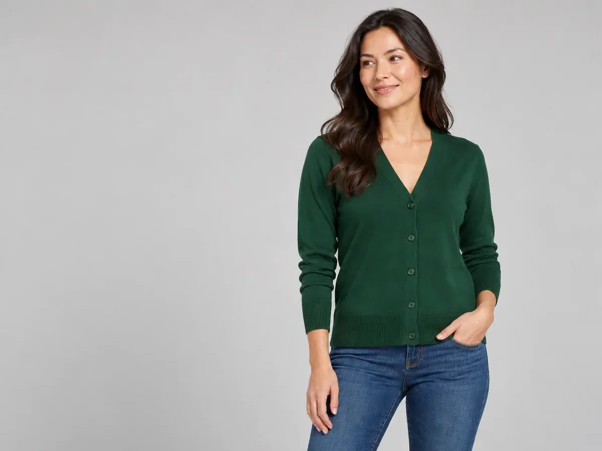 Person wearing custom Cardigan Sweaters.