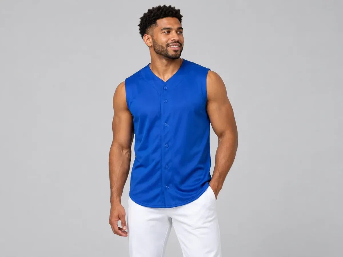 Person wearing custom Sleeveless Baseball Jersey.