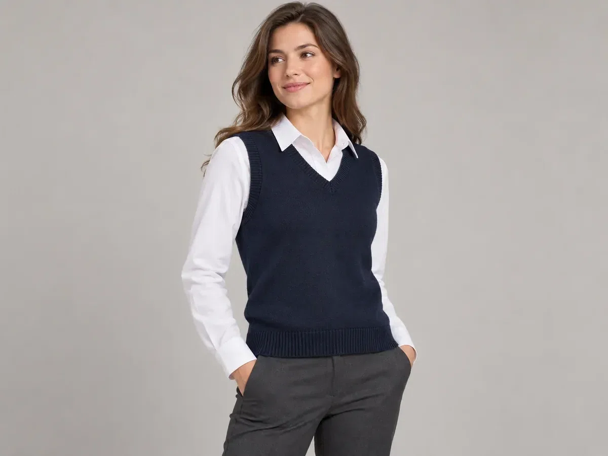 Person wearing custom V-Neck Sweater Vest.