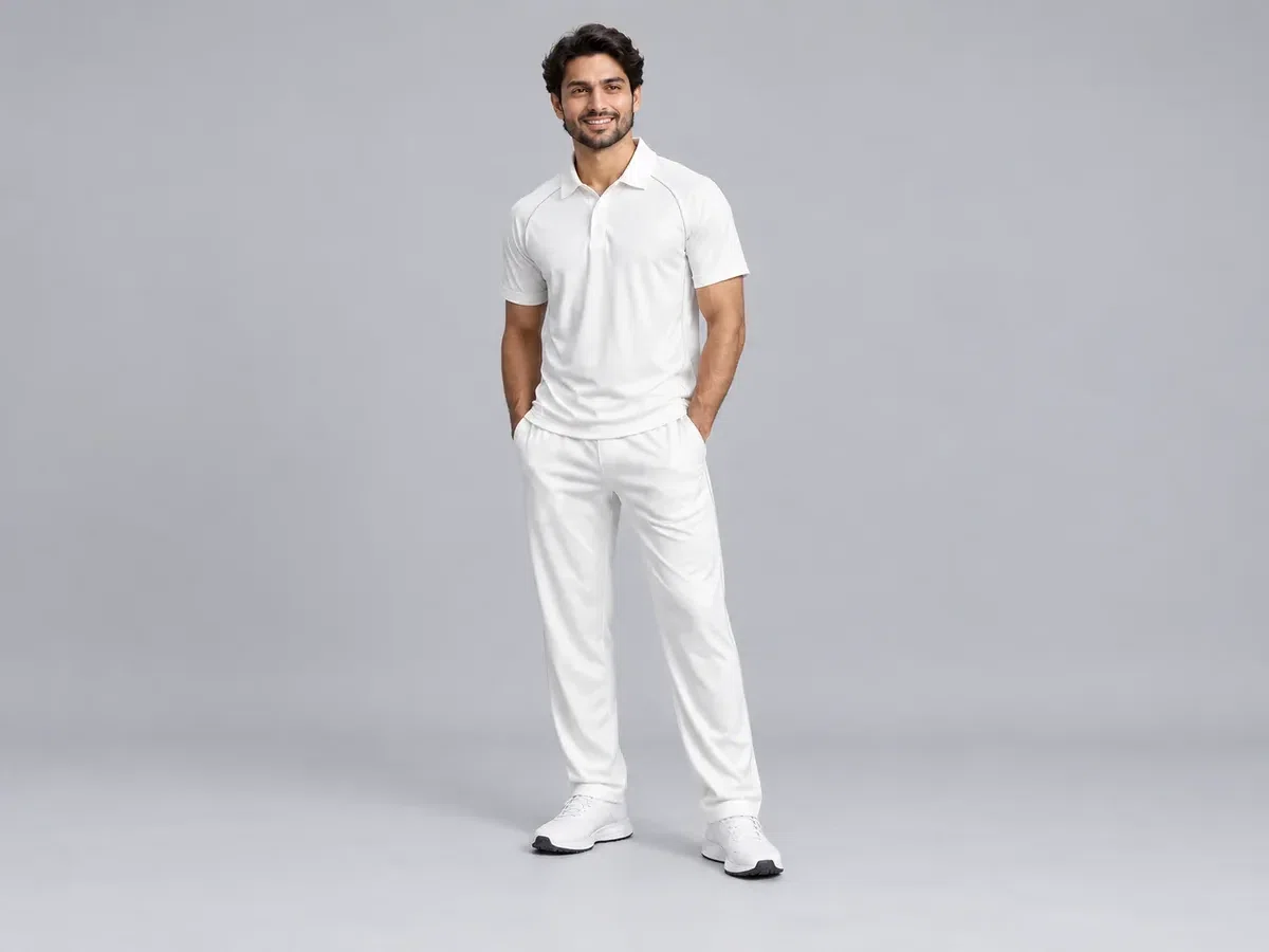 Person wearing custom Cricket Uniforms.