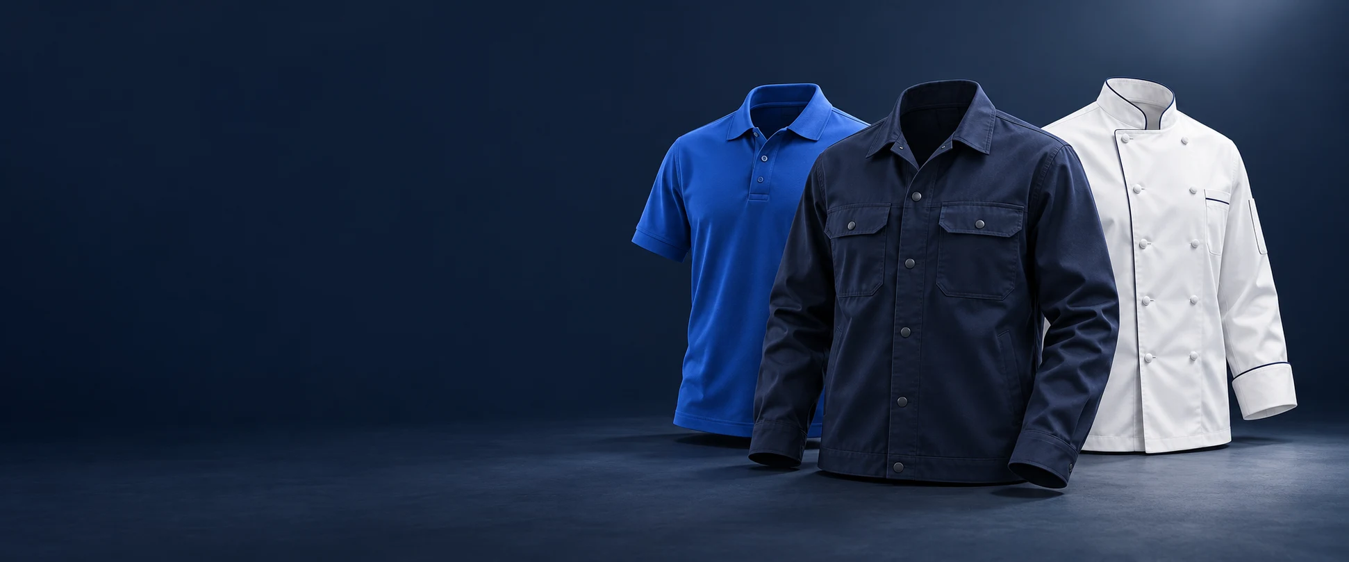 Royal blue polo, navy work jacket and white chef coat in a navy studio
