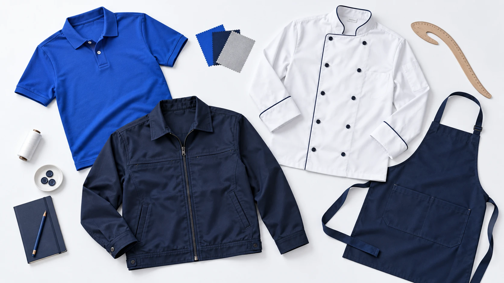 Royal blue polo, navy work jacket, white chef jacket and navy apron arranged with garment design tools